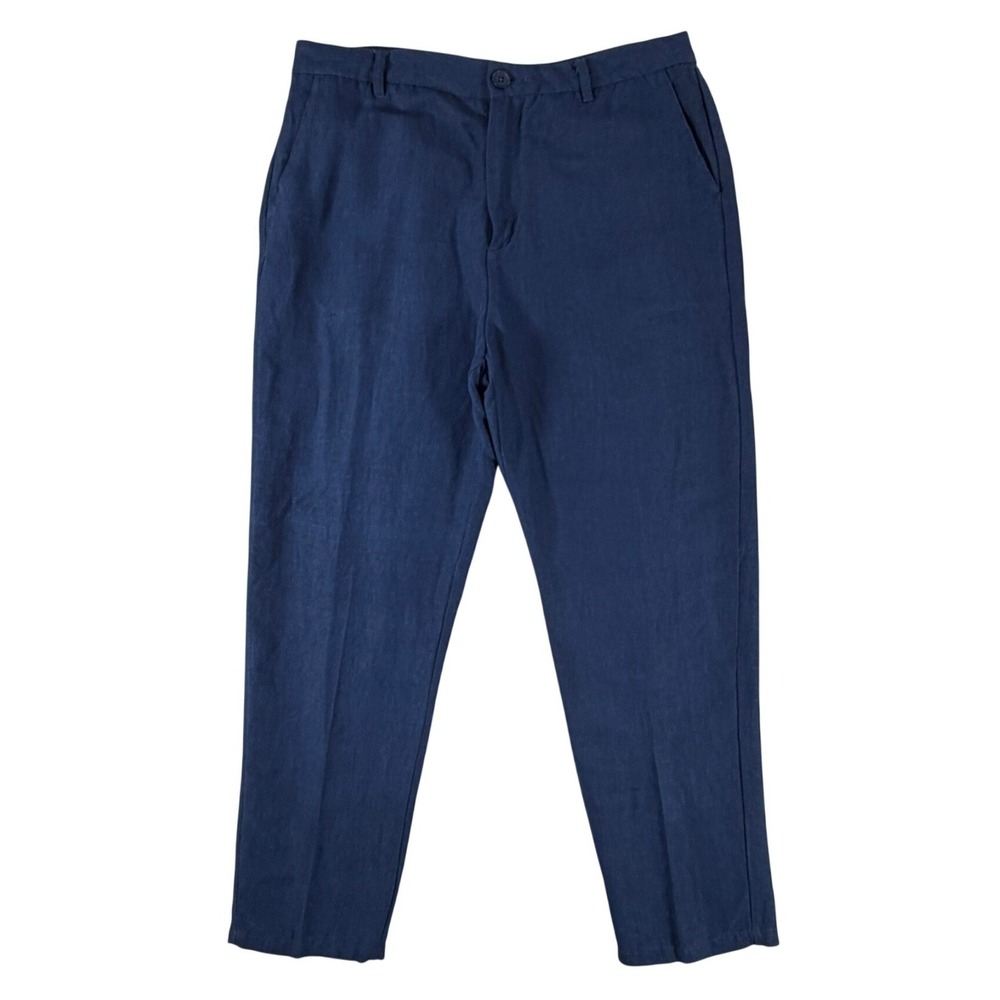 Magaschoni Man Navy Blue Linen Viscose Blend Straight Leg Trousers Mens 34